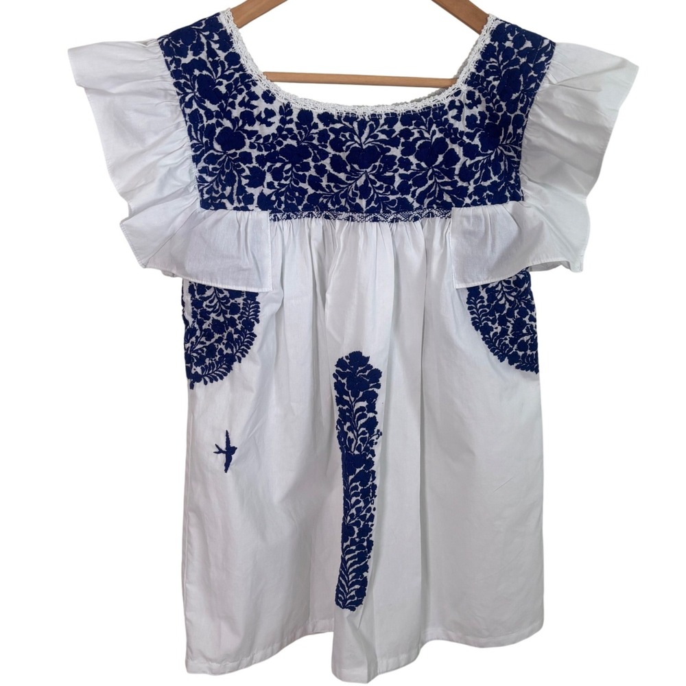 Mi‎ Golondrina Womens Shirt Sz XS White Blue Embroidered Ruffle Flutter Top